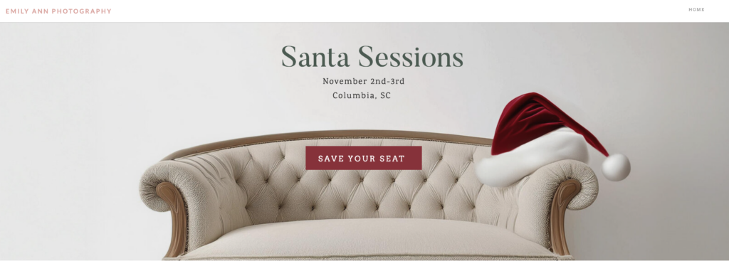 A sofa with a santa hat balancing on the arm to advertise booking Santa pictures in Columbia SC